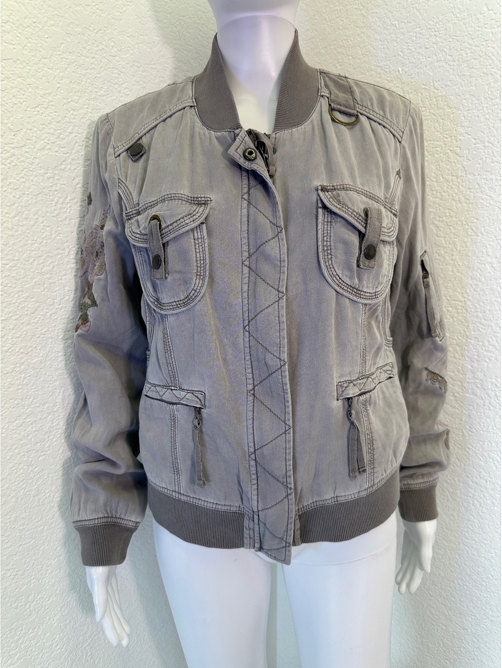 New Sz M Women’s Marrakech Grey Grunge Bomber Jacket Aviator Washed Distressed